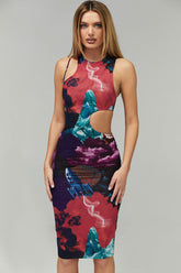 Robe mi-longue moulante sans manches à imprimé vintage et découpes - Multicolore